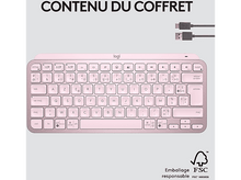 Charger l'image dans la galerie, Clavier Logitech rose, avec câble USB-C. La boîte dit 'CONTENU DU COFFRET'.