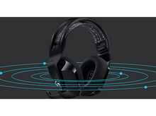 Charger l'image dans la galerie, Un casque noir avec un microphone. Le fond est sombre avec des lignes d'ondes sonores bleues.