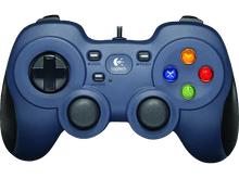 Charger l'image dans la galerie, Manette Logitech bleue avec boutons colorés, croix directionnelle et poignées noires, avec logo Logitech au centre.