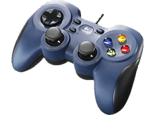 Charger l'image dans la galerie, Une manette Logitech bleue, vue d'en haut, avec des boutons et des joysticks.