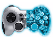 Charger l'image dans la galerie, Une manette de jeu, moitié en plastique gris et moitié montrant des composants internes bleus.