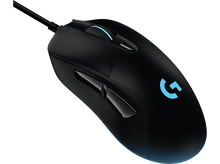Charger l'image dans la galerie, Souris d'ordinateur noire avec une lumière bleue, une molette et deux boutons latéraux.