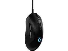 Charger l'image dans la galerie, Souris gaming noire avec lumière bleue, avec un câble et le logo Logitech.