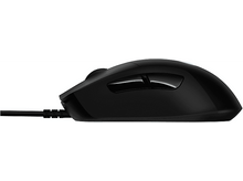 Charger l'image dans la galerie, Souris d'ordinateur noire, vue latérale, avec molette, boutons et connexion filaire.