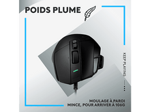 Charger l'image dans la galerie, Souris de jeu noire avec une lumière verte, cadre bleu avec texte "POIDS PLUME" et "KEEP PLAYING".