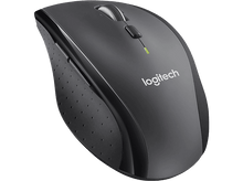 Charger l'image dans la galerie, Une souris sans fil Logitech noire. Elle a une molette de défilement et des boutons. Sur fond noir.