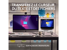 Charger l'image dans la galerie, Deux écrans d'ordinateur. Un écran affiche un bureau. Le texte ci-dessus indique : Transférer du texte et des fichiers sur plusieurs ordinateurs.