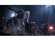 Charger l'image dans la galerie, Scène sombre de fantasy avec des guerriers face à un grand monstre. La scène est faiblement éclairée.