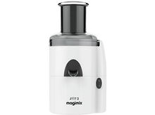 Charger l'image dans la galerie, Un extracteur de jus blanc avec un dessus et un bec noirs, et un bouton d'alimentation, étiqueté 'Juice 2 EXPERT magimix'.