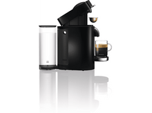 Charger l'image dans la galerie, Machine à café Nespresso noire avec un réservoir d'eau, une tasse de café et un récipient à capsules usagées.