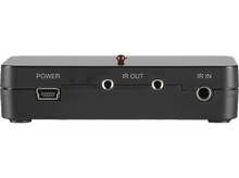 Charger l'image dans la galerie, Un appareil noir avec des ports Power, IR Out et IR In, et une lumière rouge. Il possède un port USB.