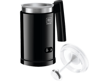 Charger l'image dans la galerie, Un mousseur à lait noir et argenté avec couvercle et accessoire de moussage.