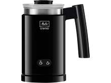 Charger l'image dans la galerie, Mousseur à lait noir avec une poignée et un couvercle. Les boutons pour mousser sont à l'avant. La marque est Melitta.