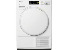 Charger l'image dans la galerie, Sèche-linge Miele blanc. Il a une porte ronde avec un petit écran. Un panneau de commande est au-dessus.
