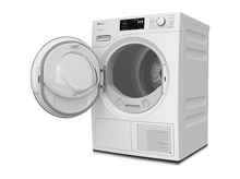 Charger l'image dans la galerie, Sèche-linge Miele blanc, porte ouverte. L'écran affiche 3:08. Le panneau de commande propose diverses options.