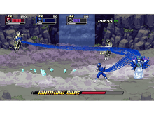 Charger l'image dans la galerie, Le Power Ranger bleu combat des squelettes et un monstre dans une scène de jeu avec des rayons d'énergie.