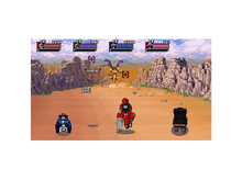 Charger l'image dans la galerie, Scène de jeu pixélisée : robots combattant sur un terrain désertique avec un grand robot doré.