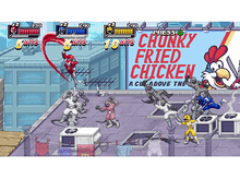 Charger l'image dans la galerie, Power Ranger se battant sur un toit. L'enseigne Chunky Fried Chicken en arrière-plan.