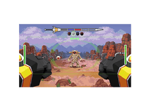 Charger l'image dans la galerie, Scène de jeu vidéo pixélisée avec un robot combattant un monstre. Une épée et UI sont affichées.