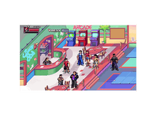Charger l'image dans la galerie, Une image pixélisée d'une salle d'arcade avec des gens qui jouent à des jeux.