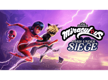 Charger l'image dans la galerie, Couverture du jeu Miraculous : Paris Under Siege. Ladybug et Chat Noir volent dans le ciel avec un fond violet.