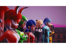 Charger l'image dans la galerie, Groupe de personnages de Miraculous Ladybug : Marinette, Adrien, Chat Noir, Rena Rouge, Carapace et Queen Bee.