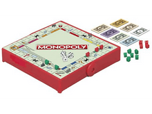 Charger l'image dans la galerie, Jeu de société Monopoly, boîte rouge, pièces de jeu et argent.