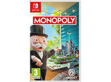 Charger l'image dans la galerie, Boîte de jeu Monopoly pour Nintendo Switch. Un homme portant un chapeau est à côté d'un plateau de Monopoly. Fond de ville.