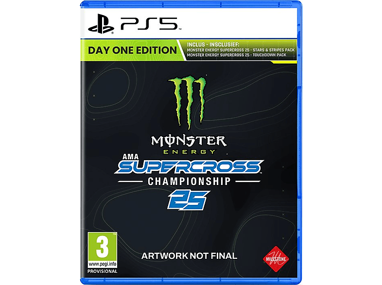 Jaquette de jeu : fond noir, logo vert, texte blanc. Logo PlayStation 5.