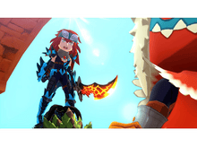 Charger l'image dans la galerie, Un personnage de style anime avec une épée de feu face à un grand monstre rouge.