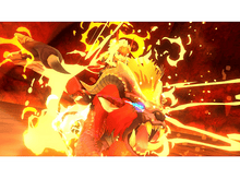 Charger l'image dans la galerie, Une créature ressemblant à un dragon, engloutie dans les flammes, avec une figure dessus. Couleurs intenses et action.