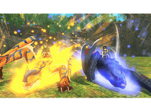 Charger l'image dans la galerie, Deux personnages montent des dragons dans une scène fantastique, avec des faisceaux de lumière et un arrière-plan coloré.