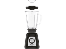 Charger l'image dans la galerie, Pièces de blender disposées, montrant les composants. Base noire, bocal transparent, couvercle et dessus.