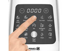 Charger l'image dans la galerie, Une main appuyant sur un bouton sur un panneau de commande de blender noir avec plusieurs icônes.