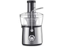 Charger l'image dans la galerie, Presse-agrumes Moulinex, argent et noir, plastique transparent. Bouton avec des chiffres. Fond blanc.