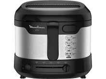 Charger l'image dans la galerie, Friteuse Moulinex UNO noire et argentée, avec cadrans et boutons. Icônes alimentaires à l'avant.