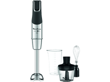 Charger l'image dans la galerie, Mixeur plongeant Moulinex Powelix avec accessoires: gobelet, hachoir et fouet, le tout sur fond noir.