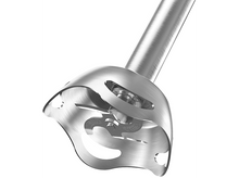 Charger l'image dans la galerie, Une lame de mixeur plongeant en acier inoxydable. Elle a trois lames et un protège-lame incurvé et perforé. Le manche est visible.