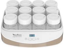 Charger l'image dans la galerie, Une yaourtière Moulinex blanche et beige avec douze pots en verre à l'intérieur et un affichage numérique.