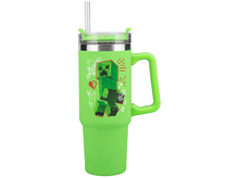 Charger l'image dans la galerie, Gobelet vert sur le thème de Minecraft avec une poignée, une paille et un Creeper.