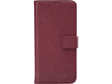 Charger l'image dans la galerie, Étui de téléphone bordeaux, fermé, avec un logo, sur fond noir.