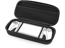 Charger l'image dans la galerie, Étui noir ouvert avec un croquis de console de jeu blanc. L'étui a une poche en filet.