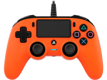 Charger l'image dans la galerie, Manette PlayStation filaire orange, avec boutons et disposition des joysticks, fond noir et blanc.