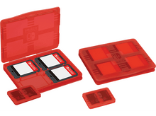 Charger l'image dans la galerie, Supports de cartouches de jeu rouges avec cartouches de jeu. Un support est ouvert.