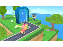 Charger l'image dans la galerie, Deux personnages de Pat' Patrouille près d'un portail lumineux sur une île, avec herbe et eau.