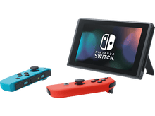 Charger l'image dans la galerie, Console Nintendo Switch avec deux manettes Joy-Con. Une bleue, une rouge. L'écran affiche le logo Nintendo.