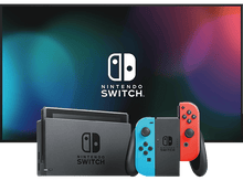 Charger l'image dans la galerie, Console Nintendo Switch avec dock, joy-cons et une télévision affichant un arrière-plan coloré.