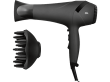 Charger l'image dans la galerie, Sèche-cheveux noir avec un diffuseur. Le sèche-cheveux a une poignée et un accessoire de buse.