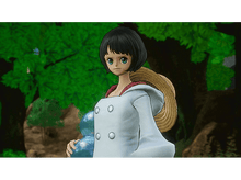 Charger l'image dans la galerie, Un personnage féminin d'anime aux cheveux noirs courts et une robe blanche, dans une forêt.