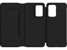 Charger l'image dans la galerie, Étui de téléphone noir, ouvert, avec des fentes pour cartes visibles.